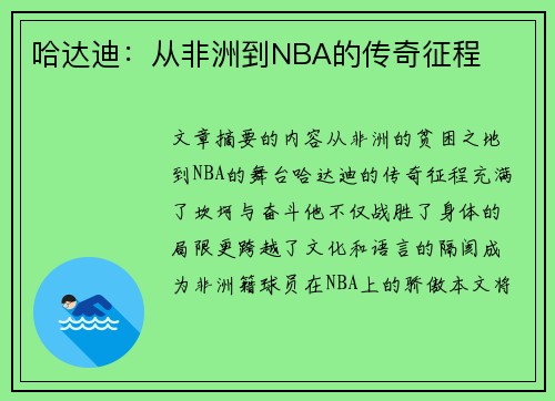 哈达迪：从非洲到NBA的传奇征程